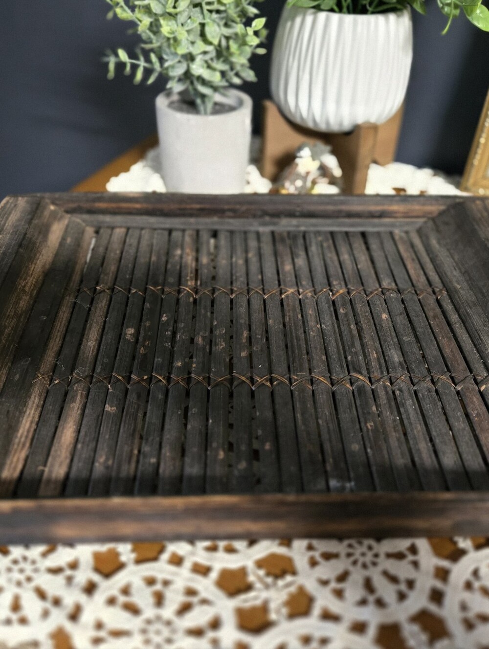 Dark Bamboo Serving Tray – Hand-Lashed Slat Design